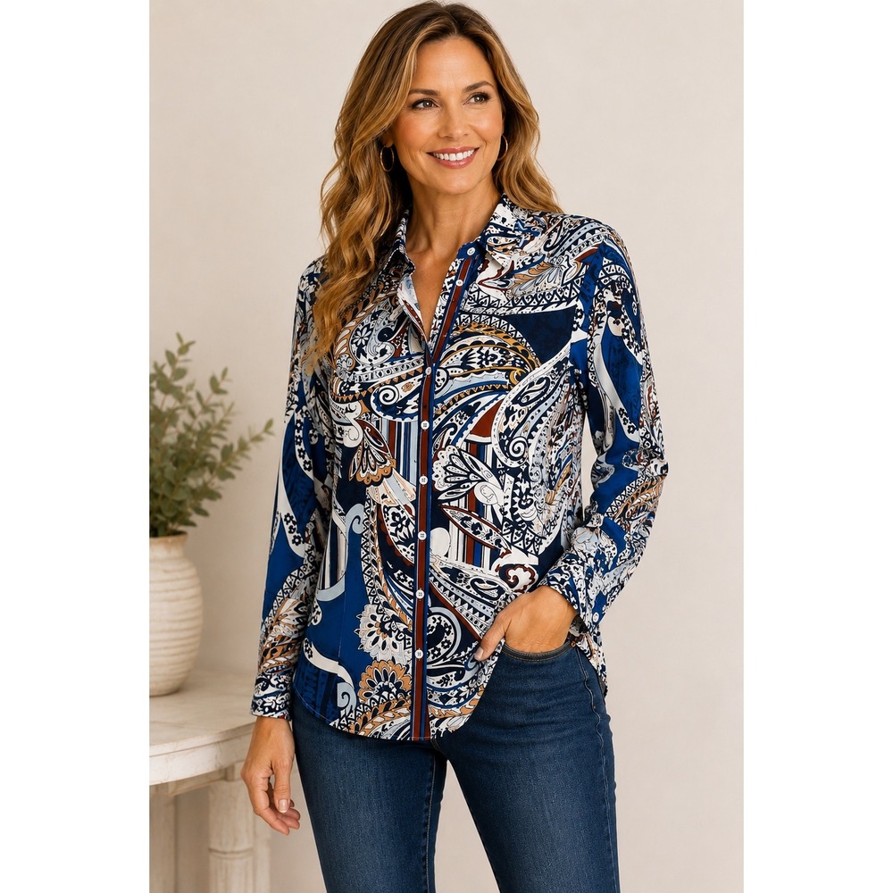 CHICO'S 2 No-Iron Button Down Shirt‎ Large 12 Blue Orange Paisley Long Sleeve